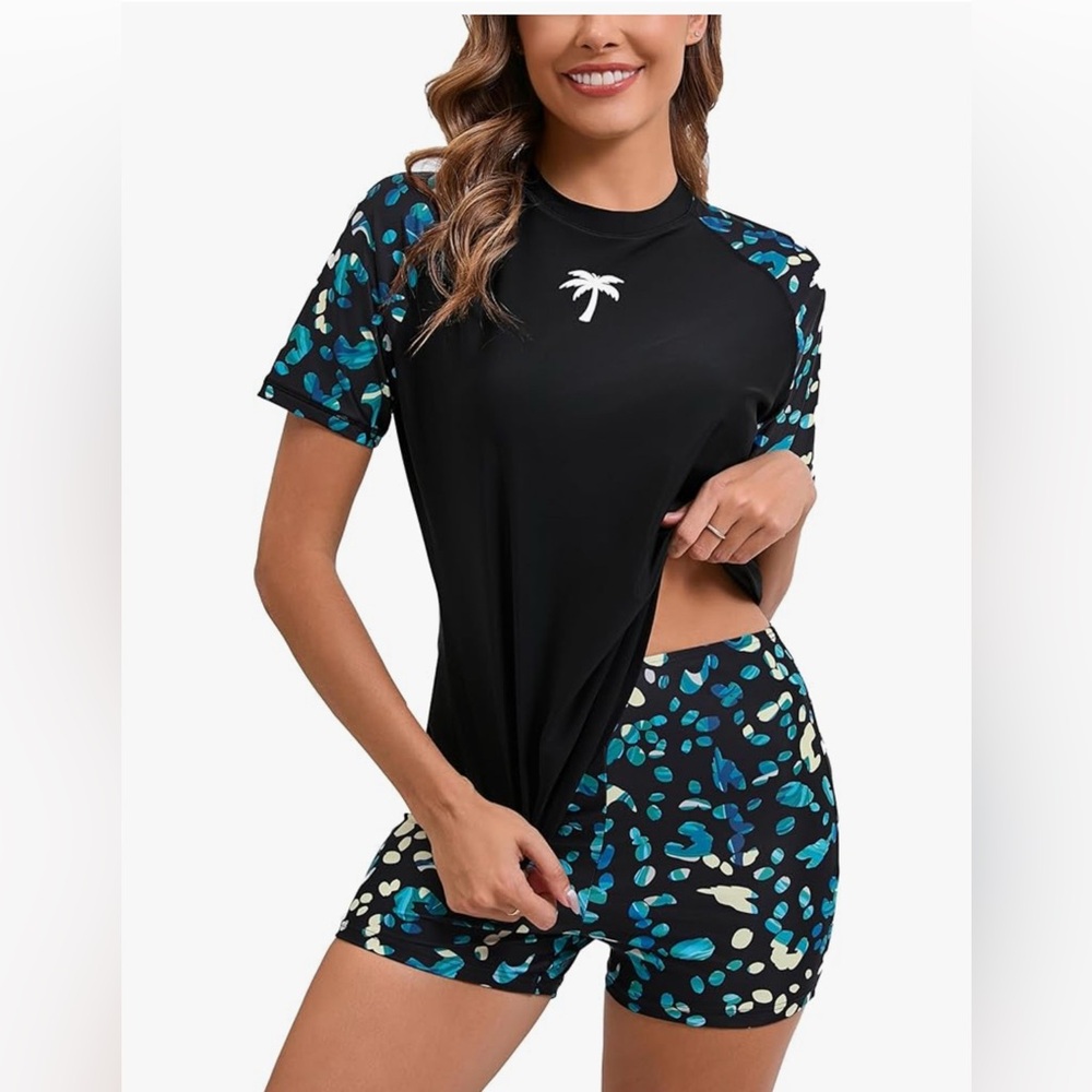 Women's Built-in Bra Rash Guard UPF 50 Two Piece Swimsuit Set M